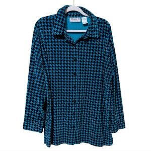 Vintage Erika casual shirt women's size 2X turquoise black houndstooth velvet